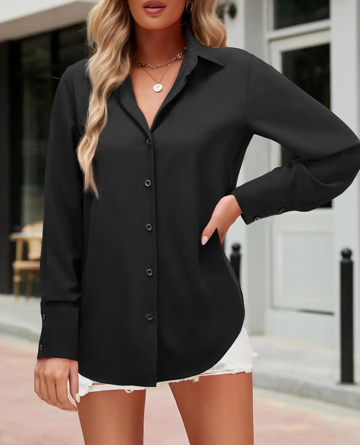 Womens Button Down Shirts Dress Shirt Dressy Casual Striped Blouse Long Sleeve Work Office Business Chiffon Top