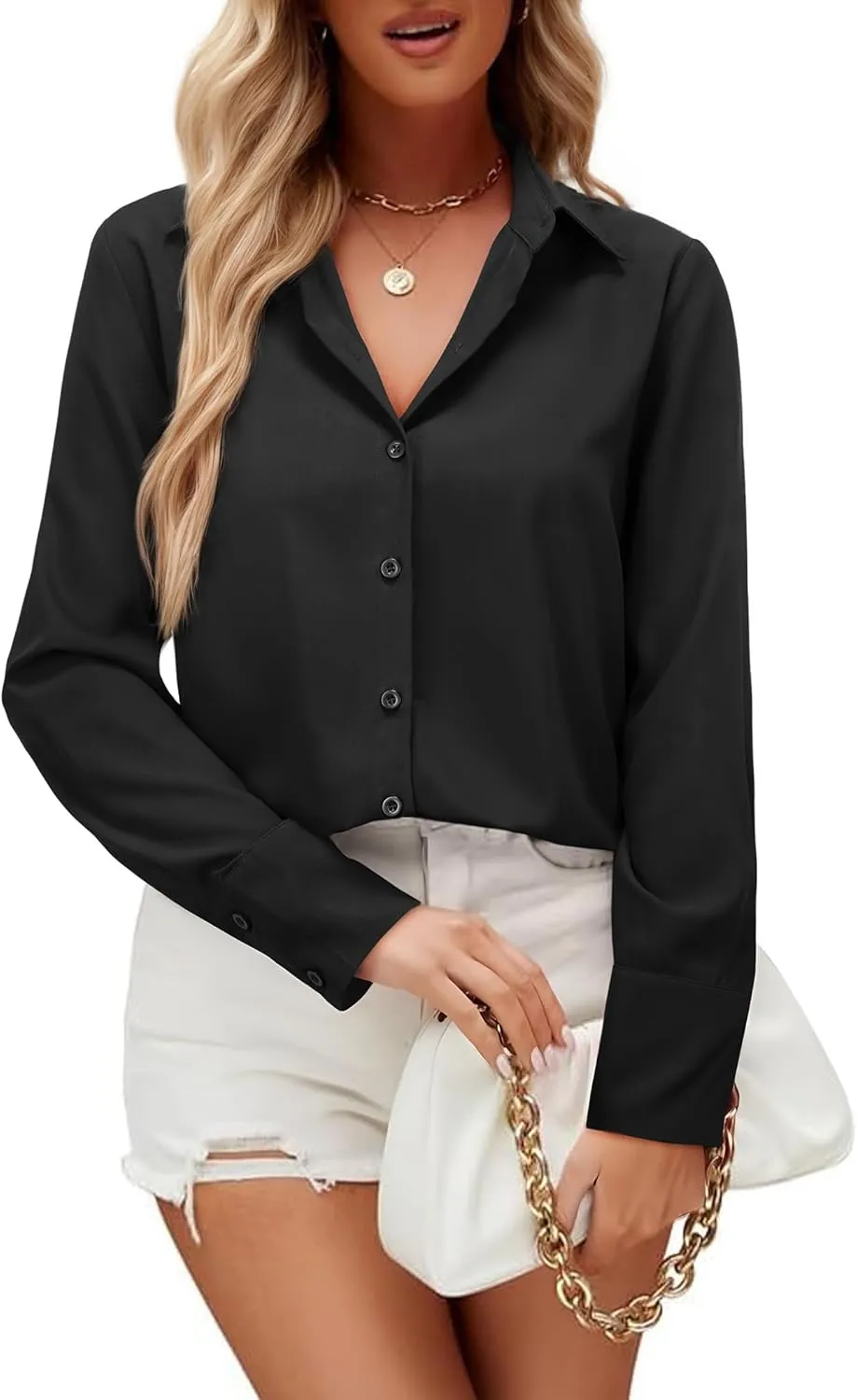 Womens Button Down Shirts Dress Shirt Dressy Casual Striped Blouse Long Sleeve Work Office Business Chiffon Top