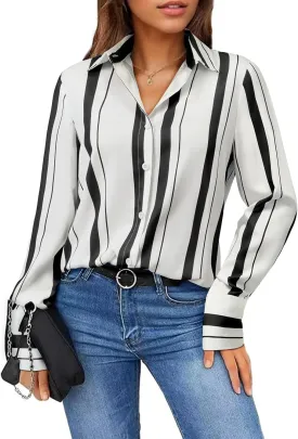 Womens Button Down Shirts Dress Shirt Dressy Casual Striped Blouse Long Sleeve Work Office Business Chiffon Top