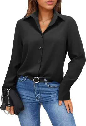 Womens Button Down Shirts Dress Shirt Dressy Casual Striped Blouse Long Sleeve Work Office Business Chiffon Top
