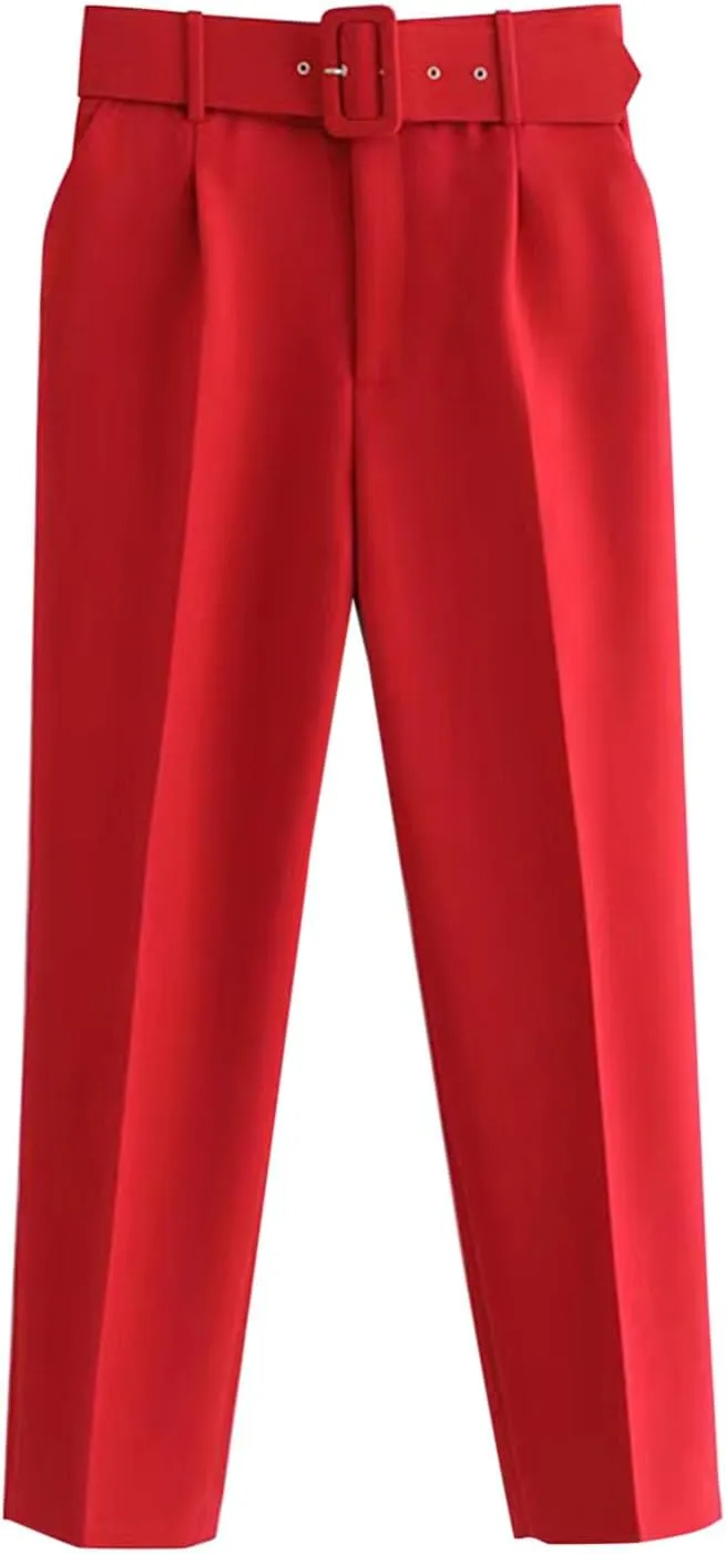 Women's Capri Suit Pants Casual Belt High Waisted Tapered Trousers with Pockets Slim Fit Business Straight Work Pants
