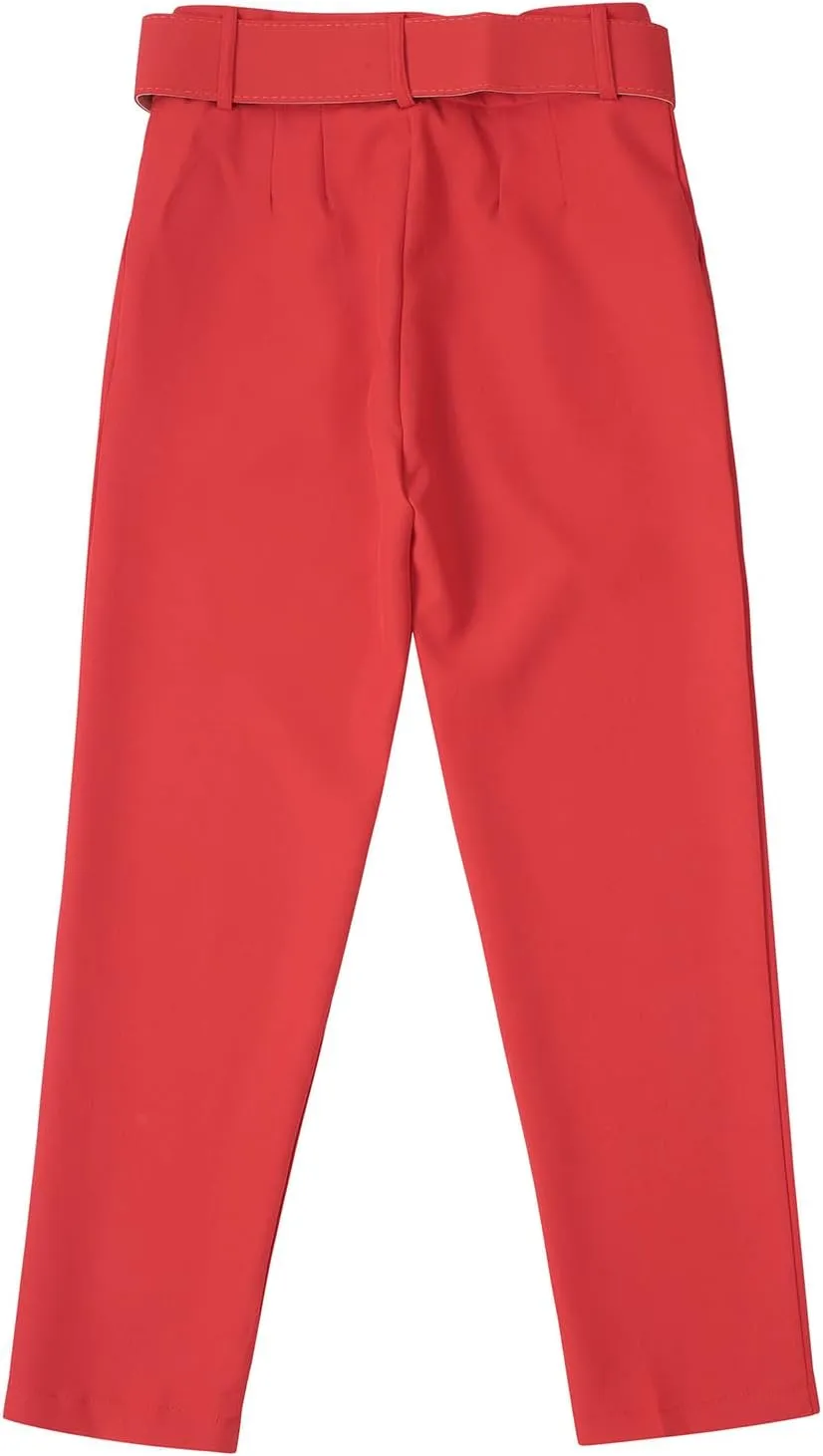 Women's Capri Suit Pants Casual Belt High Waisted Tapered Trousers with Pockets Slim Fit Business Straight Work Pants