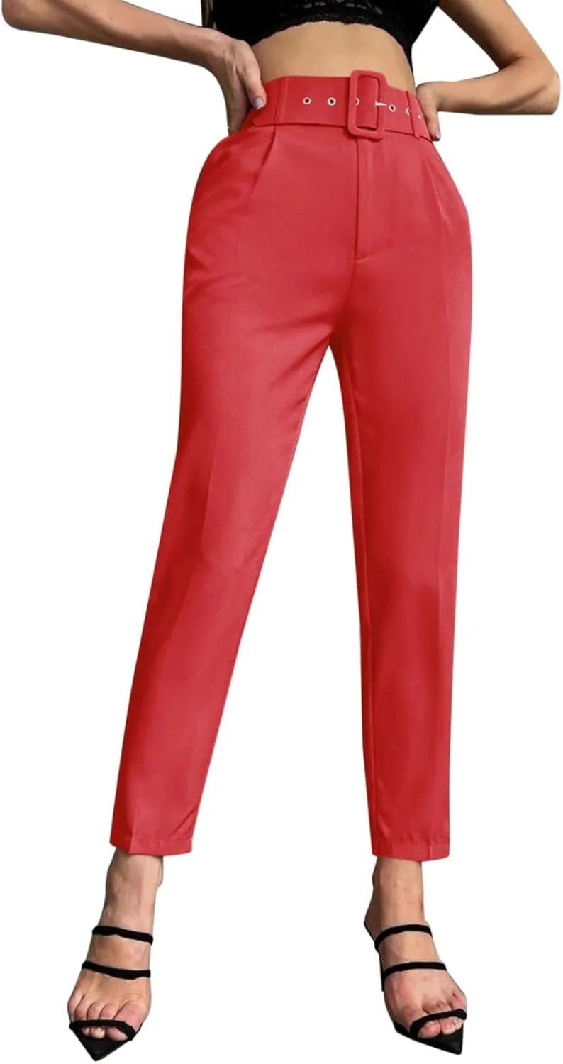 Women's Capri Suit Pants Casual Belt High Waisted Tapered Trousers with Pockets Slim Fit Business Straight Work Pants