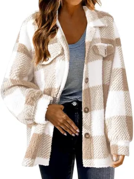 Womens Fall Winter Coats Warm Plush Shacket Jackets Button Cardigan Trendy Plaid Fleece Fuzzy Pockets Outwear