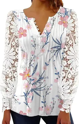 Womens Long Shirts Fall Lightweight Tshirts Shirts Lace Vneck Cute Top Winter Flowy Blouse Dressy 2024