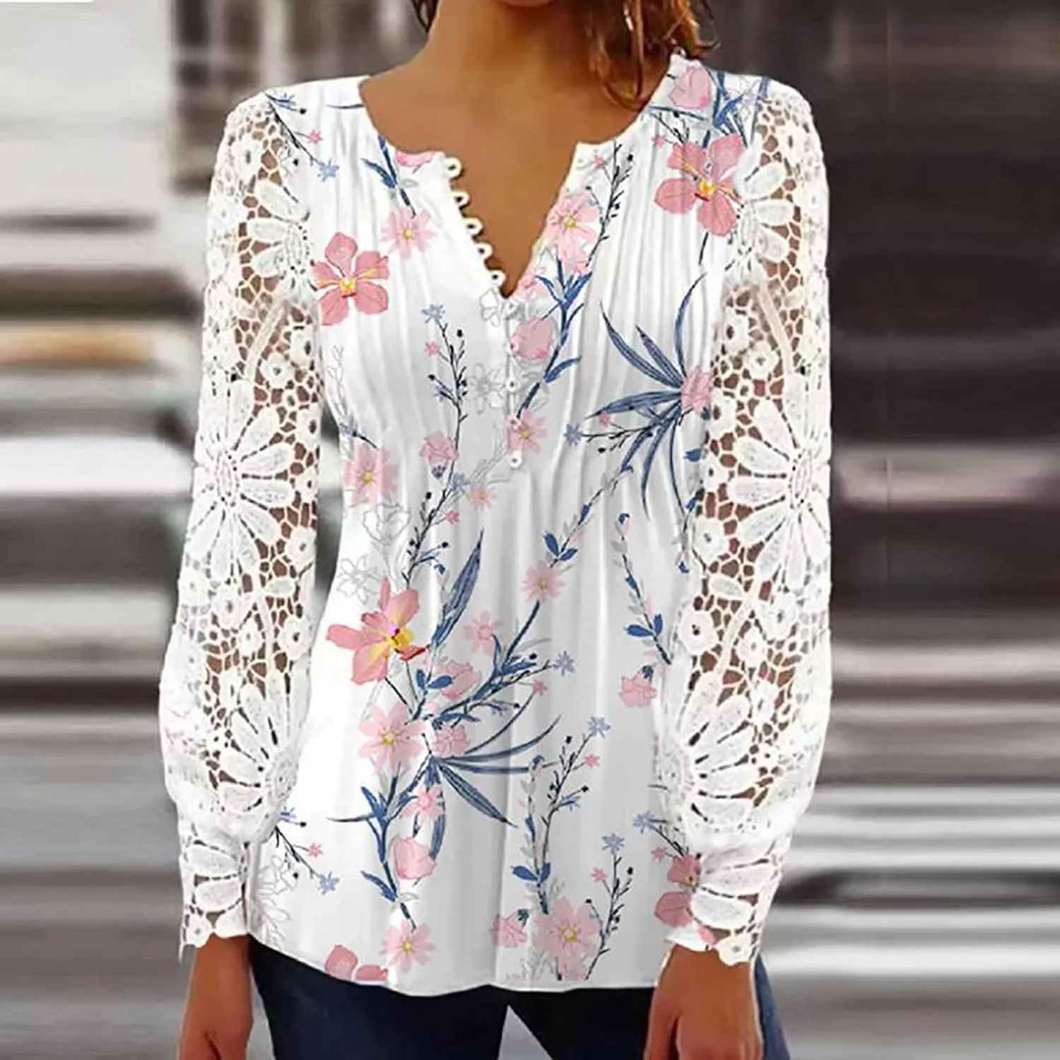 Womens Long Shirts Fall Lightweight Tshirts Shirts Lace Vneck Cute Top Winter Flowy Blouse Dressy 2024
