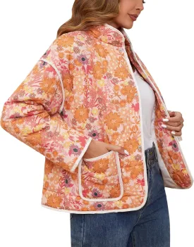 Womens Quilted Lightweight Jackets Floral Print Cropped Puffer Jacket Open Front Cardigan with Pockets Winter Coats