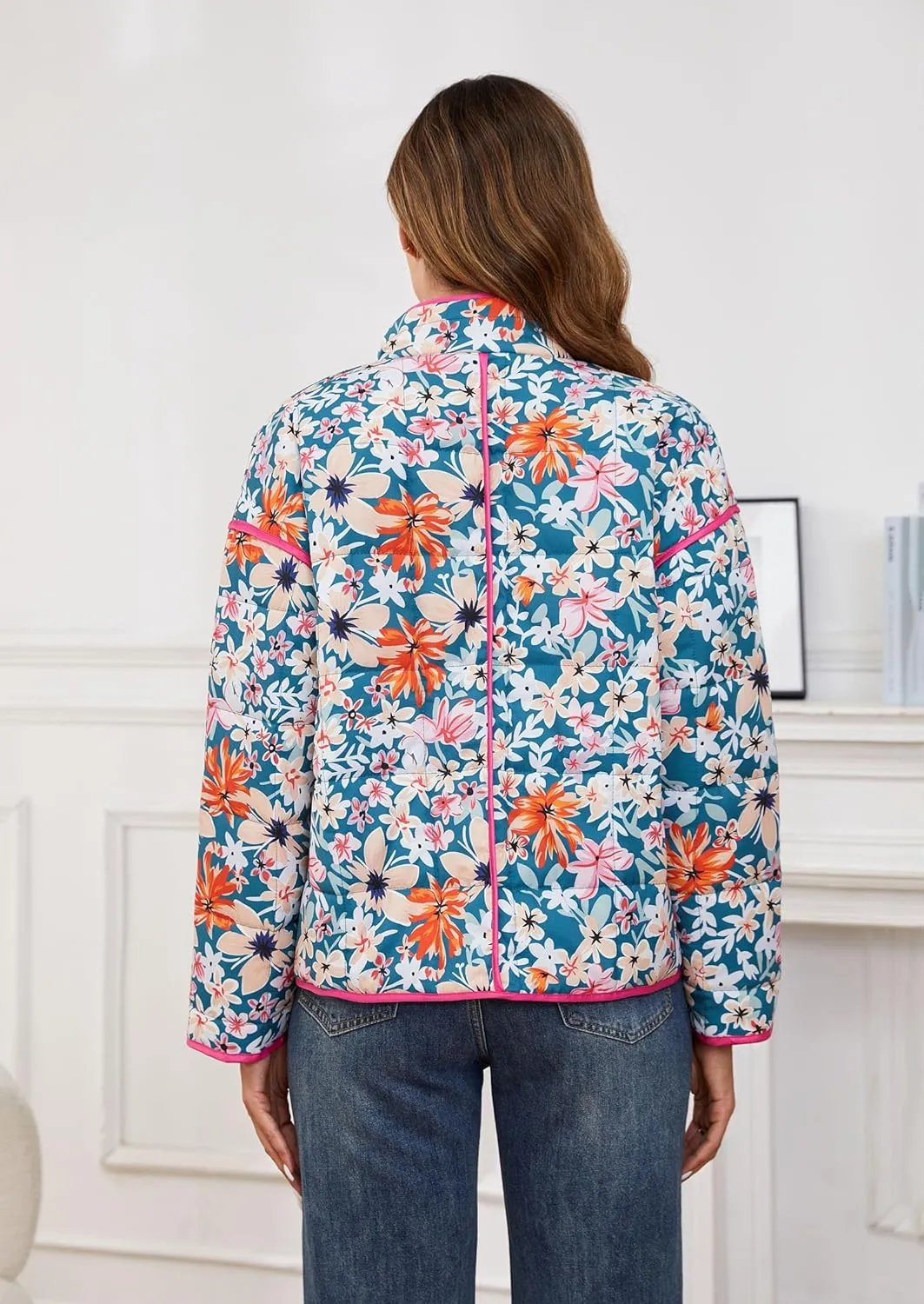 Womens Quilted Lightweight Jackets Floral Print Cropped Puffer Jacket Open Front Cardigan with Pockets Winter Coats