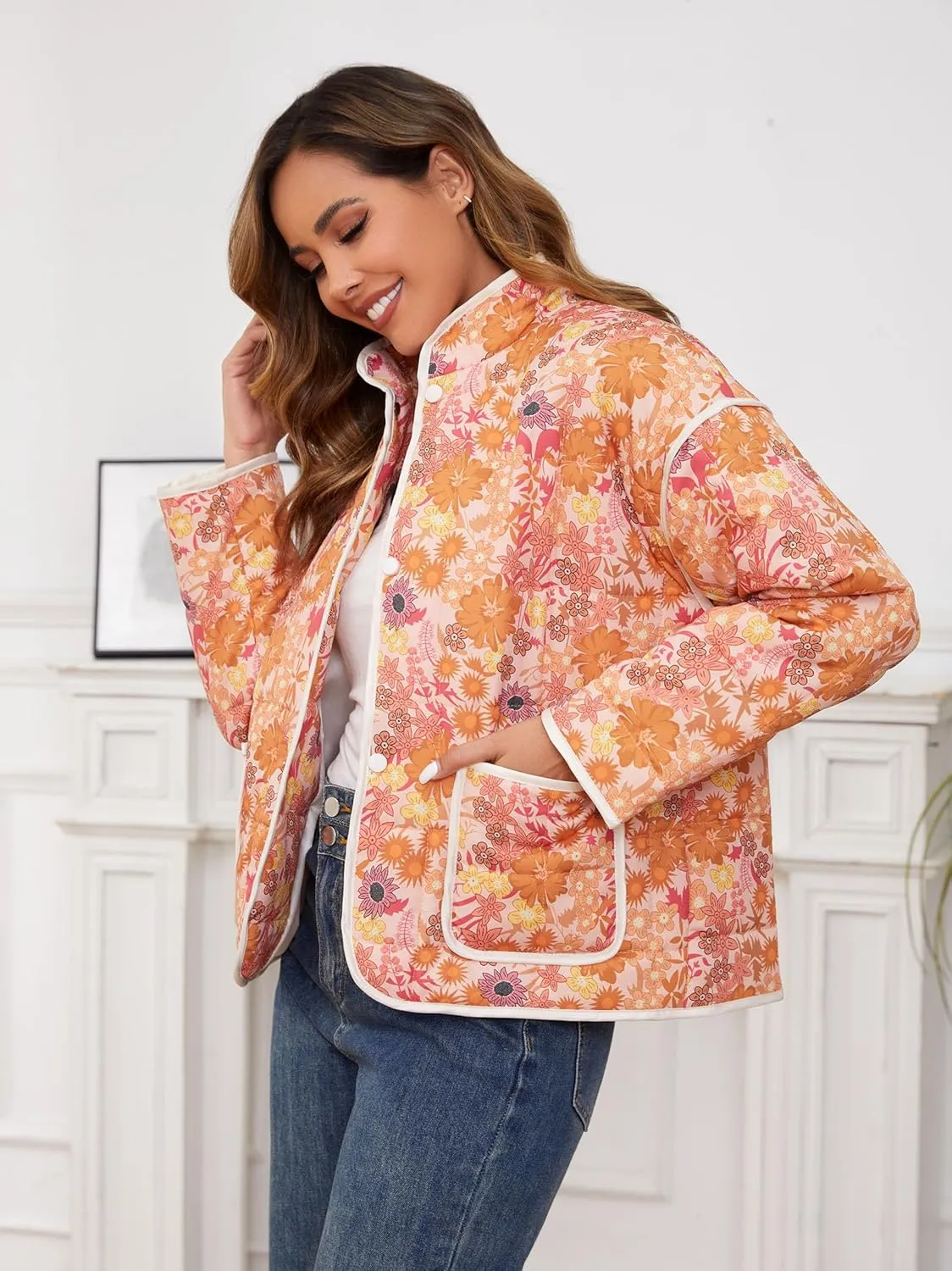 Womens Quilted Lightweight Jackets Floral Print Cropped Puffer Jacket Open Front Cardigan with Pockets Winter Coats
