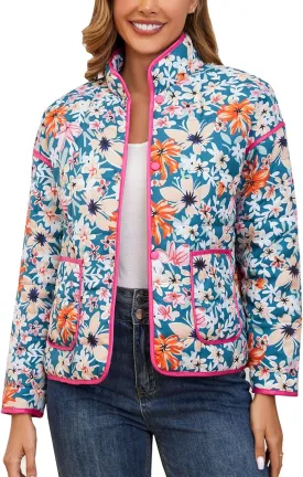 Womens Quilted Lightweight Jackets Floral Print Cropped Puffer Jacket Open Front Cardigan with Pockets Winter Coats