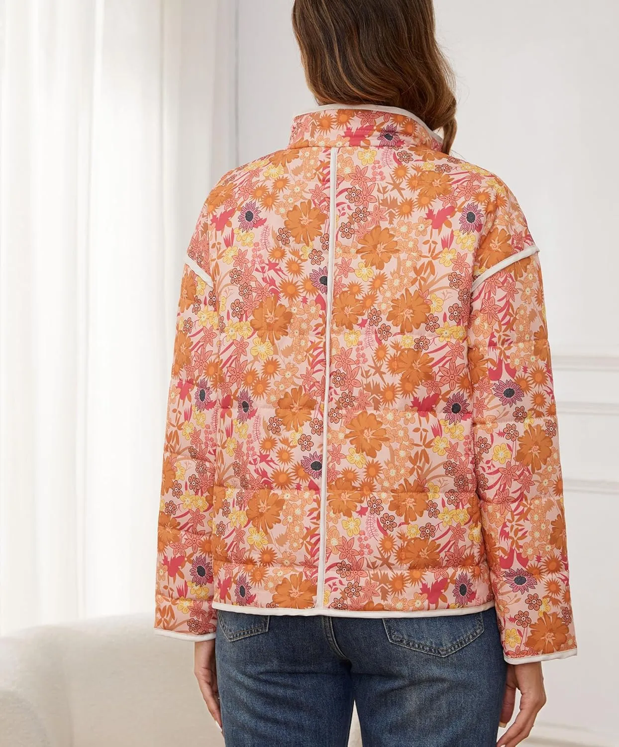Womens Quilted Lightweight Jackets Floral Print Cropped Puffer Jacket Open Front Cardigan with Pockets Winter Coats