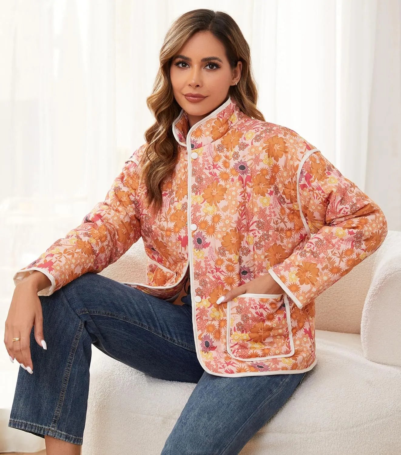 Womens Quilted Lightweight Jackets Floral Print Cropped Puffer Jacket Open Front Cardigan with Pockets Winter Coats