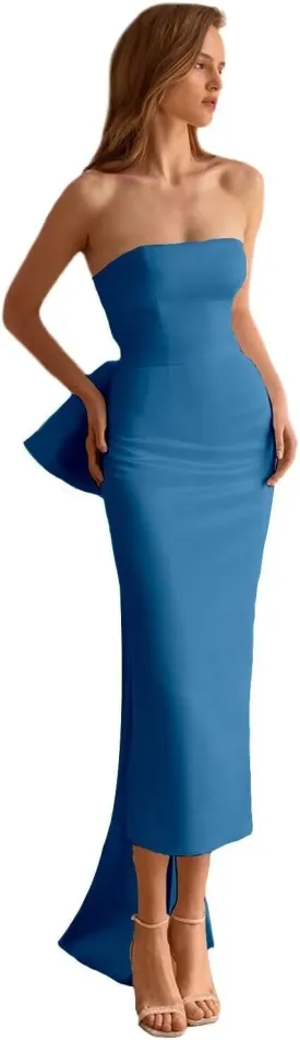 Women's Satin Mermaid Prom Dresses Off Shoulder Cocktail Dress with Slit Formal Evening Gowns with Detachable Bow