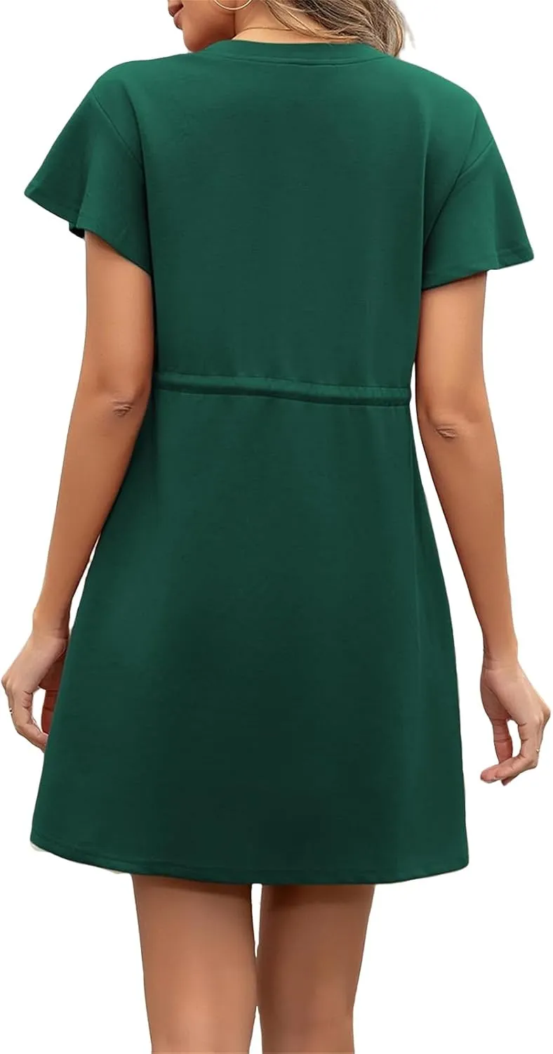 Womens Summer Dresses 2025 Crew Neck Ruffle Short Sleeve Casual Dress Dressy Drawstring A Line Mini Dress with Pockets