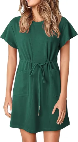Womens Summer Dresses 2025 Crew Neck Ruffle Short Sleeve Casual Dress Dressy Drawstring A Line Mini Dress with Pockets