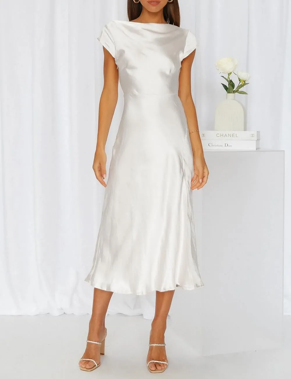 Women's Summer Satin Elegance Backless Twist Cap Sleeves Midi Dress 2025 Sexy Cowl Neck Slit Cocktail Wedding Guest Dresses