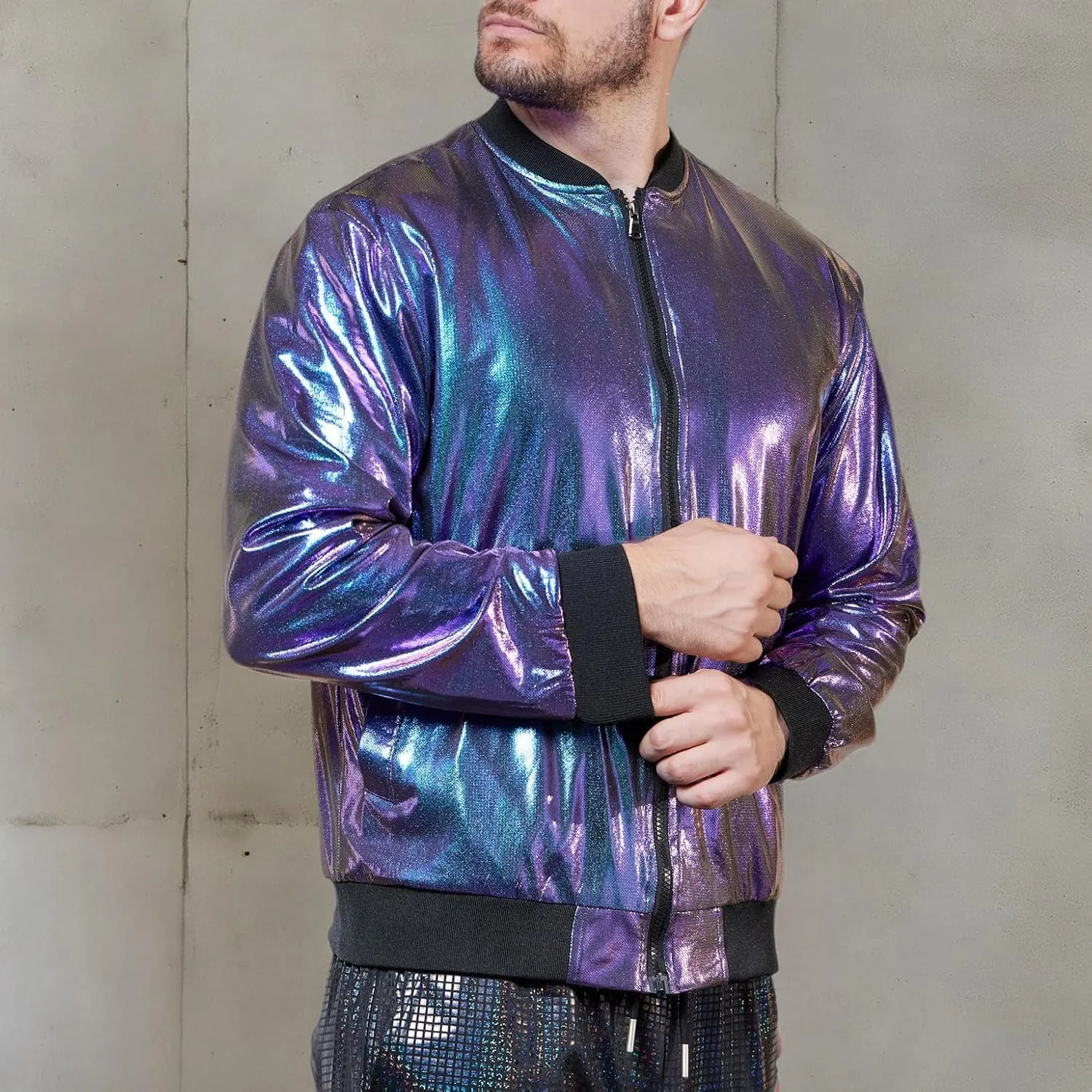 WULFUL Men's 70s Disco Costume Party Sequin Metallic Varsity Bomber Jacket