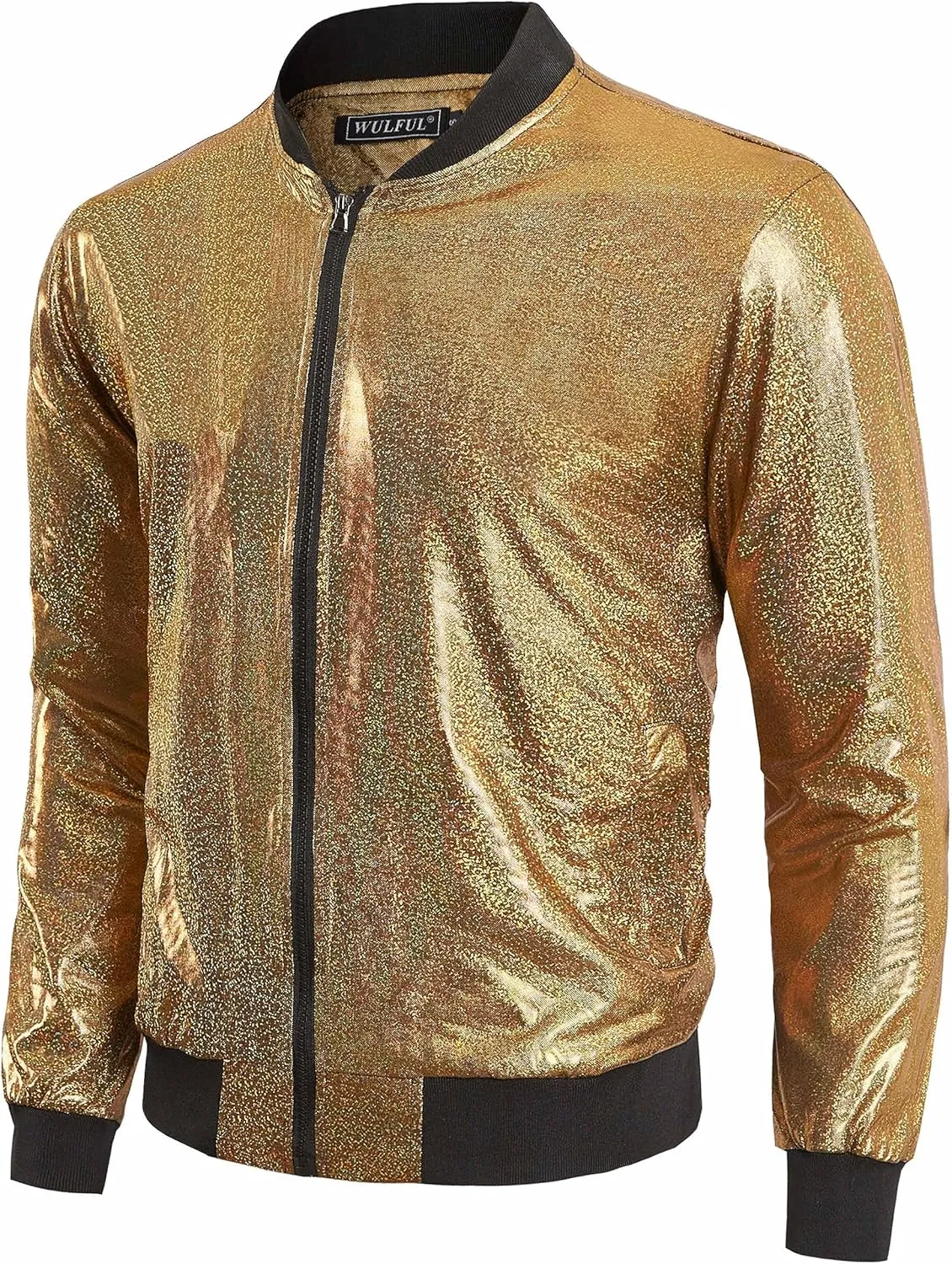 WULFUL Men's 70s Disco Costume Party Sequin Metallic Varsity Bomber Jacket