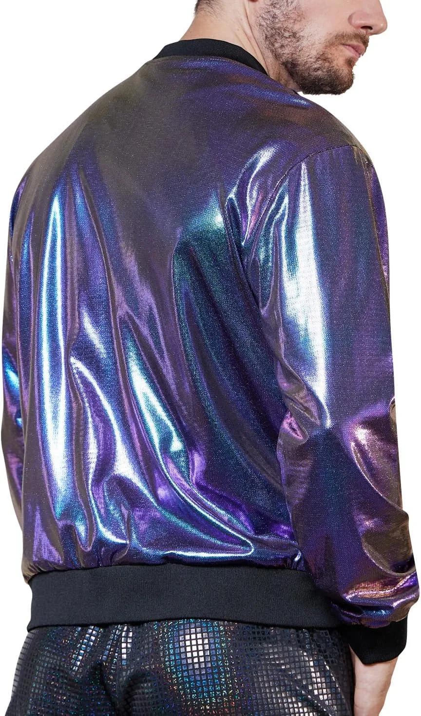 WULFUL Men's 70s Disco Costume Party Sequin Metallic Varsity Bomber Jacket