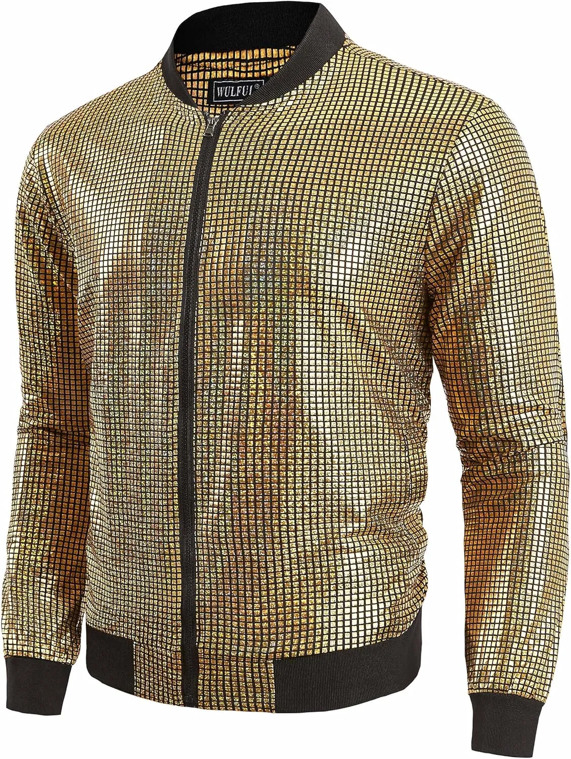 WULFUL Men's 70s Disco Costume Party Sequin Metallic Varsity Bomber Jacket