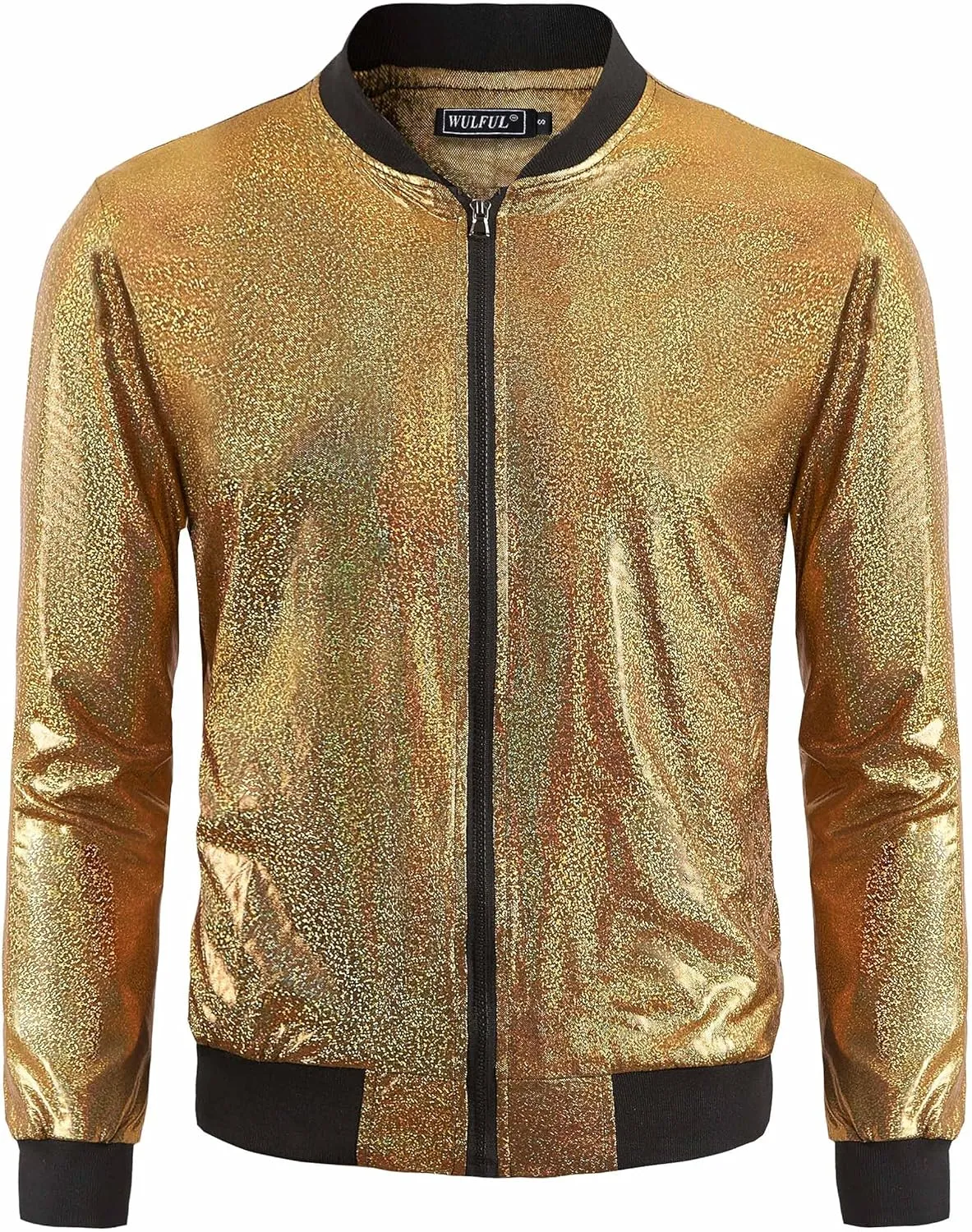 WULFUL Men's 70s Disco Costume Party Sequin Metallic Varsity Bomber Jacket