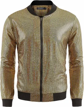 WULFUL Men's 70s Disco Costume Party Sequin Metallic Varsity Bomber Jacket