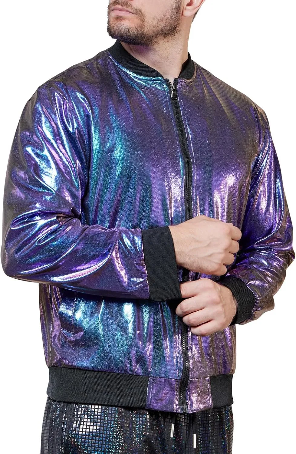 WULFUL Men's 70s Disco Costume Party Sequin Metallic Varsity Bomber Jacket