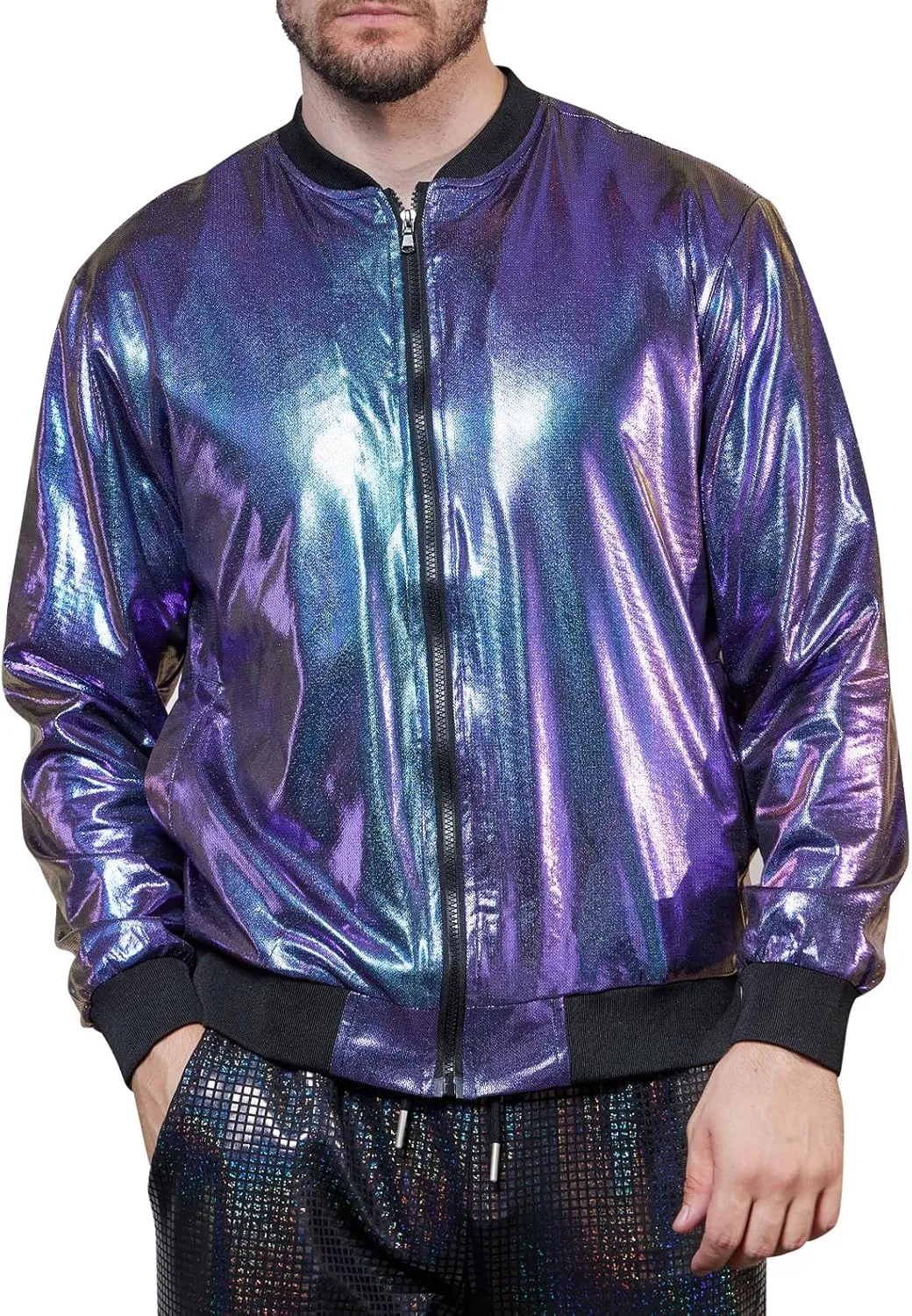 WULFUL Men's 70s Disco Costume Party Sequin Metallic Varsity Bomber Jacket